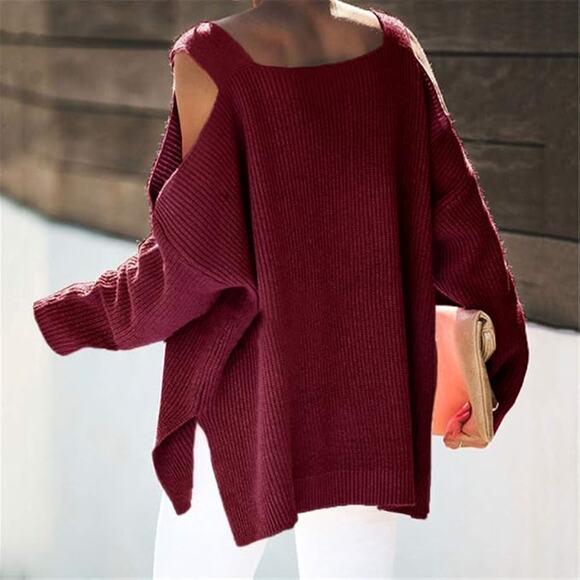 New Small Cold Shoulder, Oversized, Square Neck, Chunky, Batwing Tunic Sweater - Picture 2 of 4